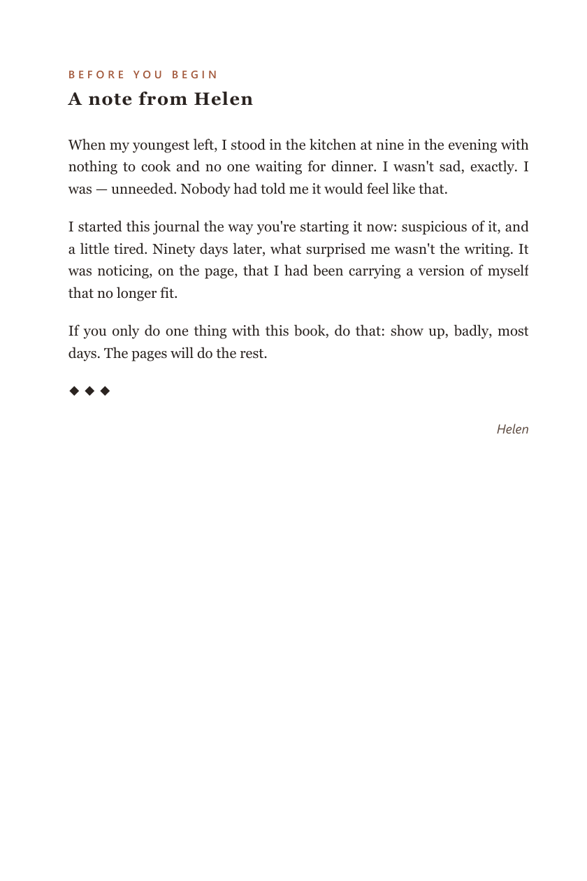 A note from Helen — opening page of The Empty Nest Journal