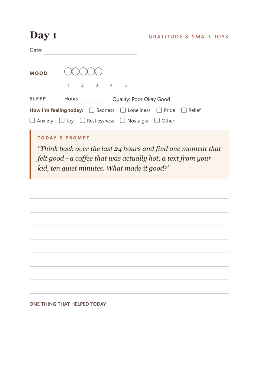 Day 1 — gratitude and small joys prompt, Empty Nest Journal